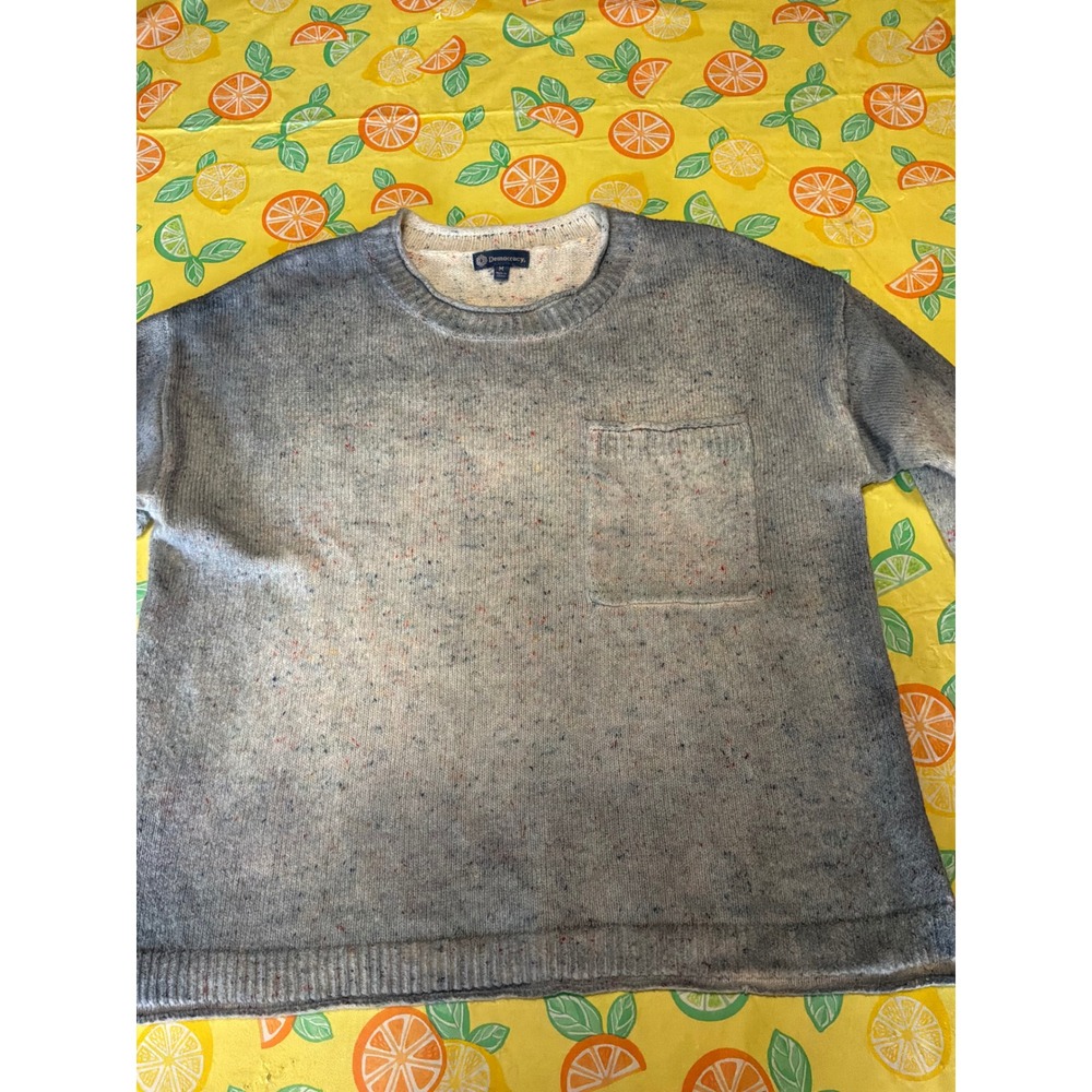 Democracy Crewneck Sweater Women Medium Blue Grey Ombre Confetti Speckled Pocket